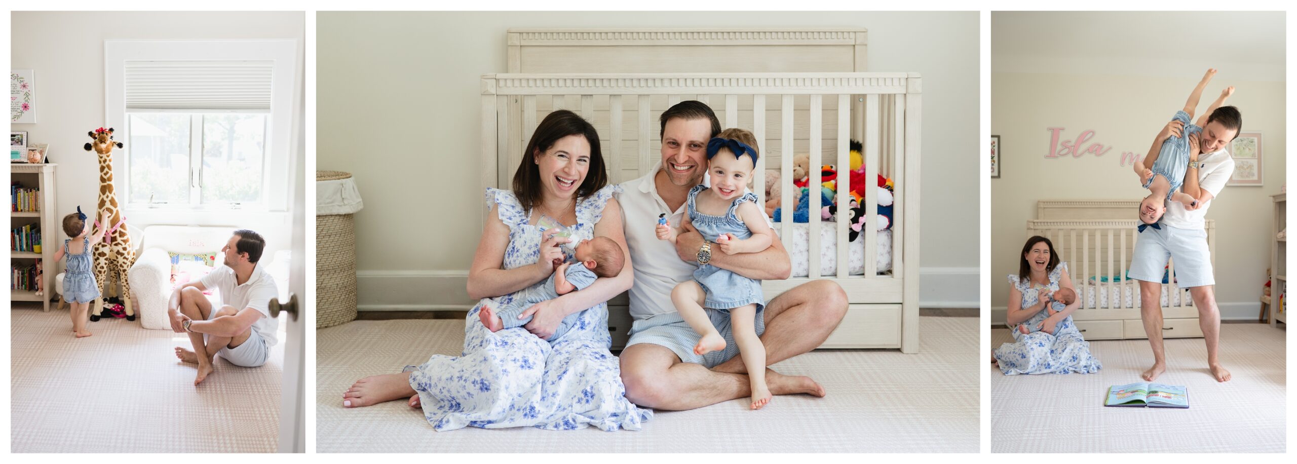dad taking time out and playing with older child while baby is being fed during in-home lifestyle newborn session