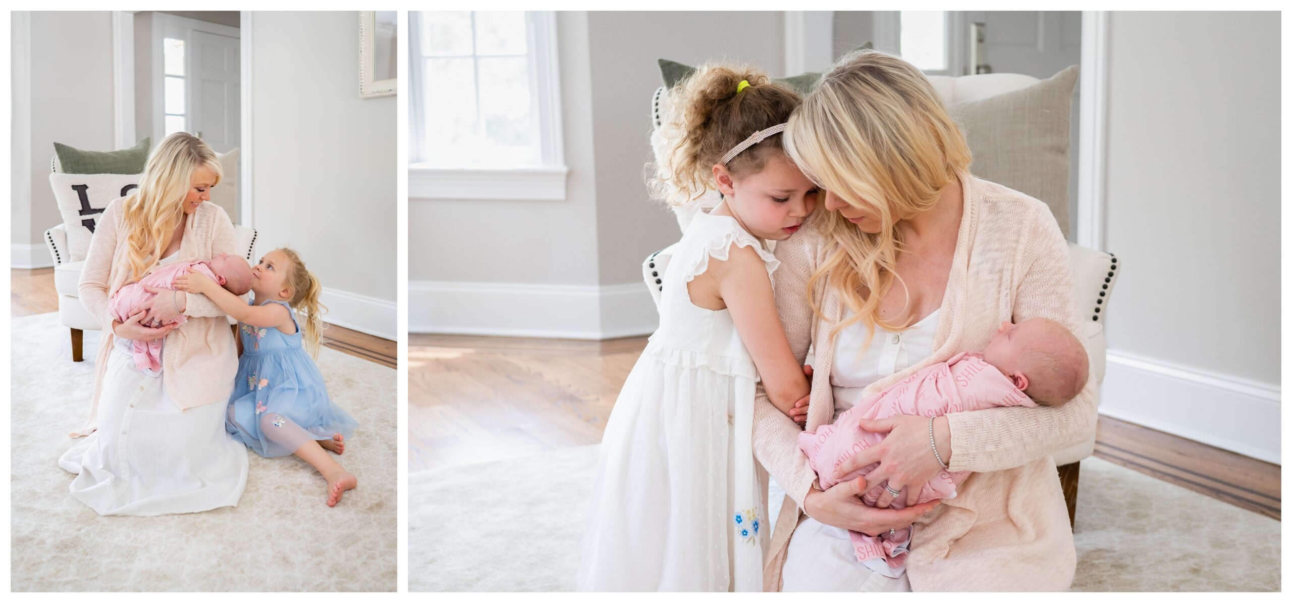 intimate moments between mom and 2 older children while holding new baby at an in-home newborn session